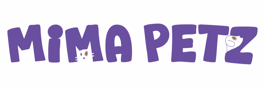 Logotipo oficial da Mima Petz com letras roxas arredondadas e desenhos de um gato e um cachorro integrados às letras. Marca voltada ao cuidado e bem-estar de cães e gatos.