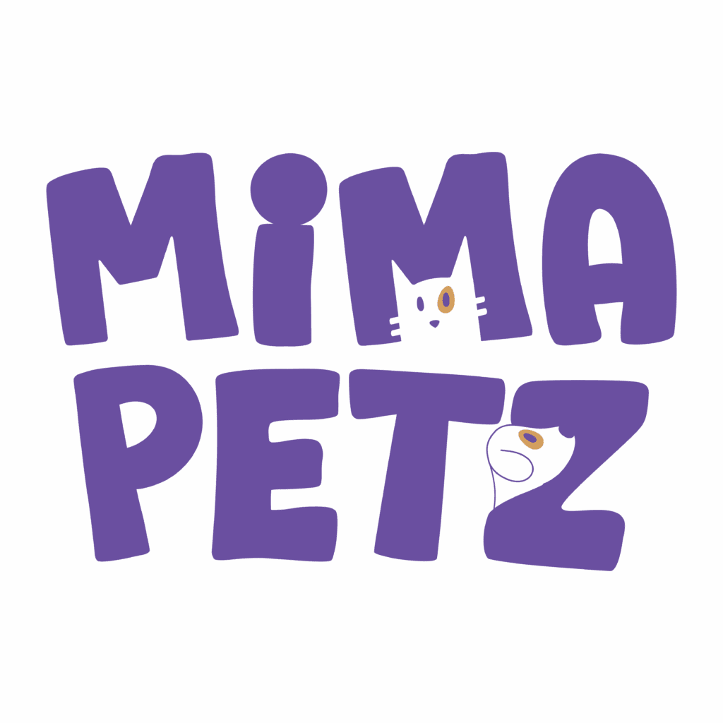 Logotipo oficial da Mima Petz com letras roxas arredondadas e desenhos de um gato e um cachorro integrados às letras. Marca voltada ao cuidado e bem-estar de cães e gatos.