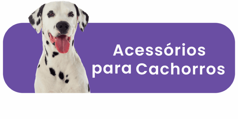 Cachorro da raça dálmata feliz com fundo roxo ao lado de espaço para texto sobre acessórios pet