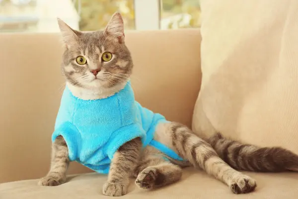 Gato de pelo cinza vestindo roupa azul confortável sentado no sofá.